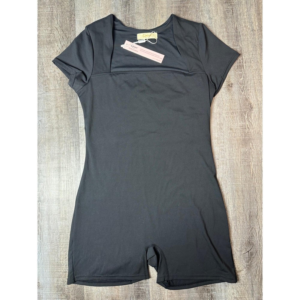Qinsen Womens Black Active Romper Short Sleeve Bodycon Square Neck Size XL